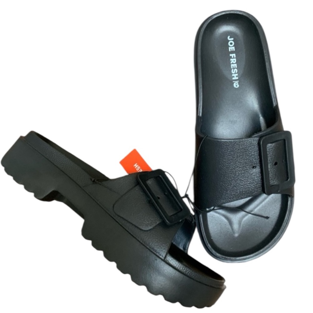 JOE FRESH Slip On Black Buckle Sandals Womens Size 9 BRAND NEW Light Weight